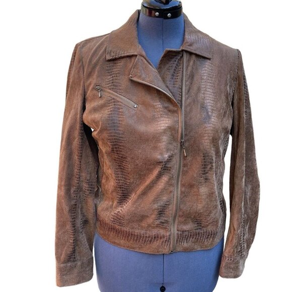BIRCH HILL Snakeskin Moto Trucker‎ Jacket Women Medium Brown Multi Faux Suede - Picture 1 of 14